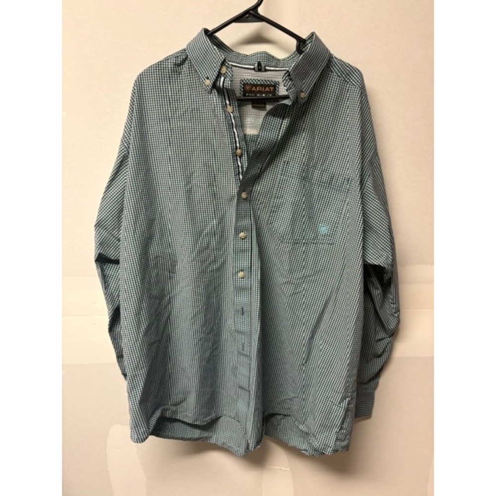 Ariat Pro Series Mens XXL Gingham Plaid Western Button Down Shirt Navy Turquoise